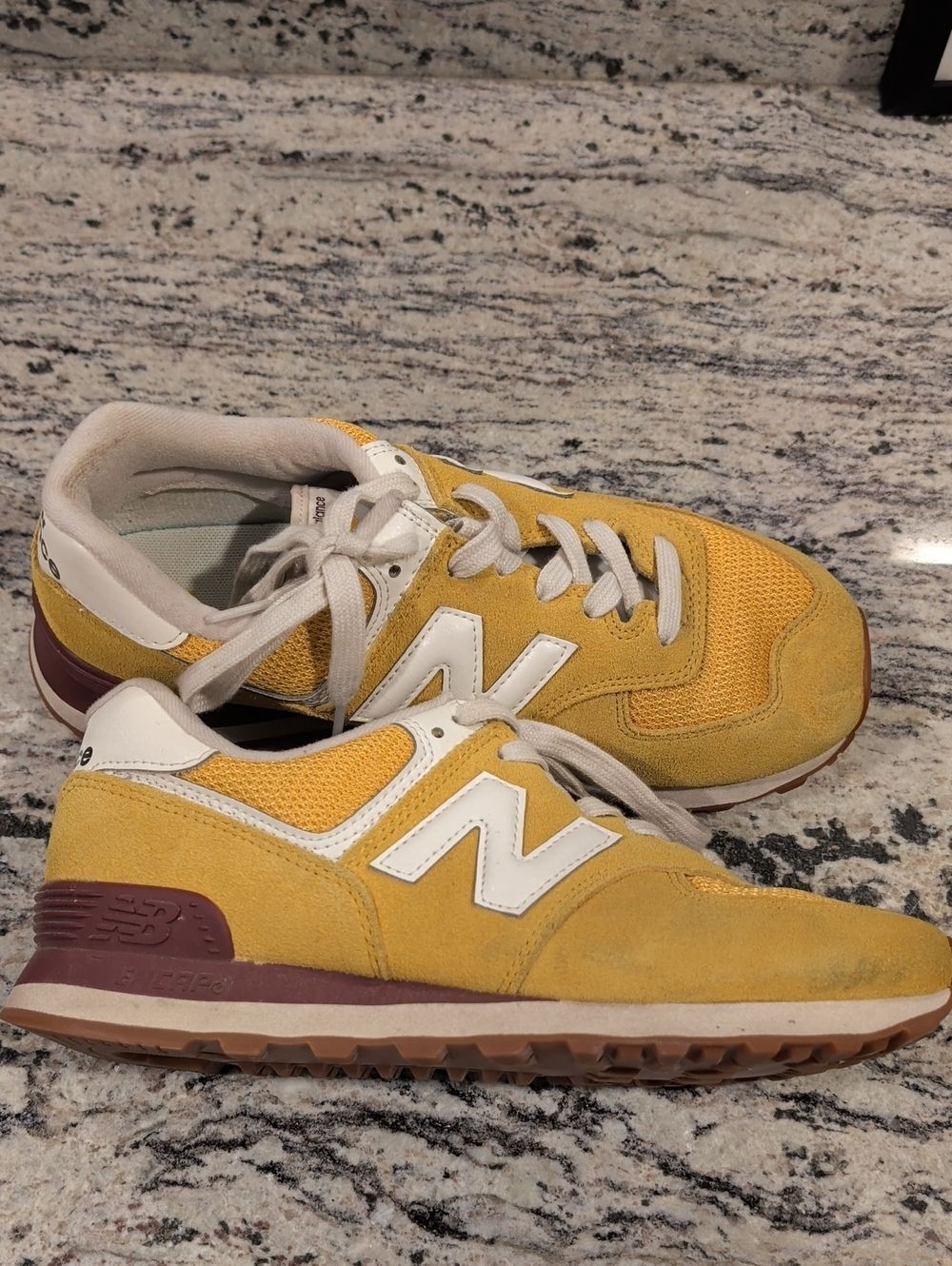 New Balance Yellow Suede & Mesh Sneakers with White 'N' and Maroon Heel